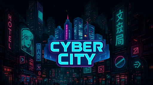 Cyber City slot game — neon-drenched futuristic cityscape with glowing skyscrapers